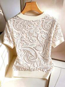 SHEIN Franclia [Printed Design] Summer Casual Faux Lace Print V-Neck Contrast Color T-Shirt - Apricot - View 5