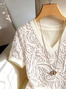 SHEIN Franclia [Printed Design] Summer Casual Faux Lace Print V-Neck Contrast Color T-Shirt - Apricot - View 4