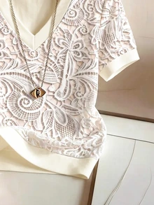 SHEIN Franclia [Printed Design] Summer Casual Faux Lace Print V-Neck Contrast Color T-Shirt - Apricot - View 3