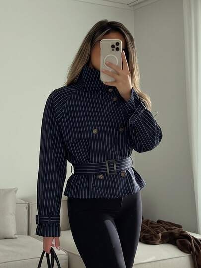 SHEIN SXY Women's Business Commute Fashion Striped Short Trench Coat