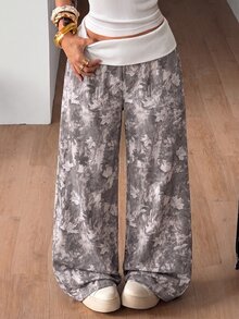 SHEIN 女童葉子印花寬腿運動長褲，秋季休閒寬鬆舒適下著，日常穿著時尚百搭冬季加厚針織鬆緊長褲 - 軍綠色 - 查看 6