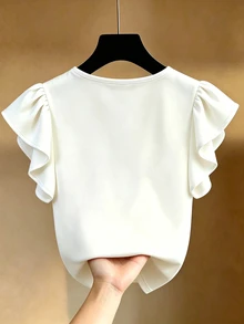 SHEIN Franclia 【印花設計】法式優雅 V 領黑白對比荷葉邊飾短袖雪紡上衣，修身通勤穿搭，夏季新品 - 彩色 - 查看 6