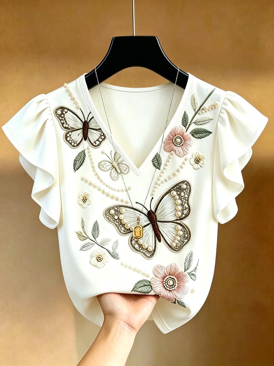 SHEIN Franclia 【印花設計】法式優雅 V 領黑白對比荷葉邊飾短袖雪紡上衣,修身通勤穿搭,夏季新品 - 彩色 - 查看 1