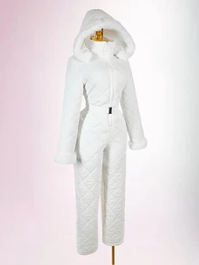 Amplova Women's Comfortable Quilted Padded Faux Fur Patchwork Jumpsuit - White - View 11