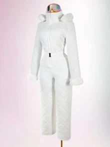 Amplova Women's Comfortable Quilted Padded Faux Fur Patchwork Jumpsuit - White - View 7