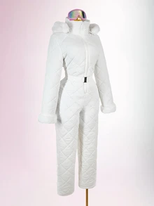 Amplova Women's Comfortable Quilted Padded Faux Fur Patchwork Jumpsuit - White - View 9