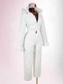 Amplova Women's Comfortable Quilted Padded Faux Fur Patchwork Jumpsuit - White - View 15