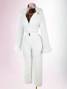 Amplova Women's Comfortable Quilted Padded Faux Fur Patchwork Jumpsuit - White - View 16