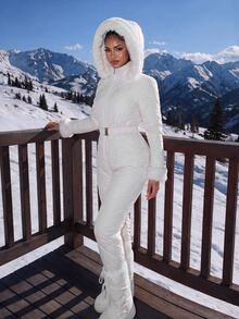 Amplova Women's Comfortable Quilted Padded Faux Fur Patchwork Jumpsuit - White - View 1