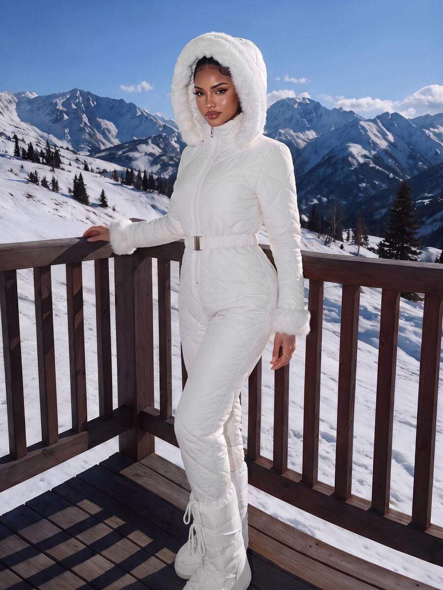 Amplova Women's Comfortable Quilted Padded Faux Fur Patchwork Jumpsuit - White - View 1