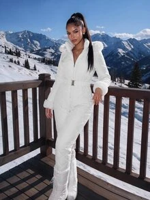 Amplova Women's Comfortable Quilted Padded Faux Fur Patchwork Jumpsuit - White - View 3