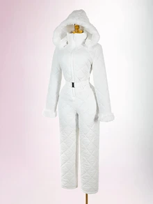 Amplova Women's Comfortable Quilted Padded Faux Fur Patchwork Jumpsuit - White - View 13