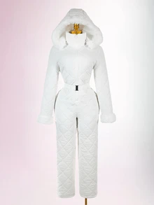 Amplova Women's Comfortable Quilted Padded Faux Fur Patchwork Jumpsuit - White - View 12