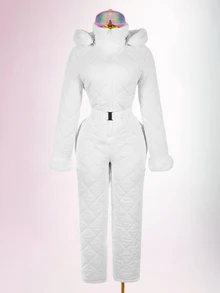 Amplova Women's Comfortable Quilted Padded Faux Fur Patchwork Jumpsuit - White - View 2