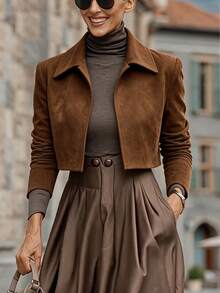 Balvessa Women's Lapel Short Suede Jacket, Spring & Autumn Light Luxury Style High-End Texture, Suitable For Daily Wear, Commuting, Office Outfit Etc. - Coffee Brown - View 8