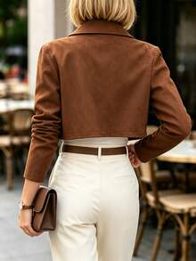 Balvessa Women's Lapel Short Suede Jacket, Spring & Autumn Light Luxury Style High-End Texture, Suitable For Daily Wear, Commuting, Office Outfit Etc. - Coffee Brown - View 2