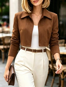 Balvessa Women's Lapel Short Suede Jacket, Spring & Autumn Light Luxury Style High-End Texture, Suitable For Daily Wear, Commuting, Office Outfit Etc. - Coffee Brown - View 5