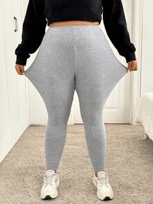 SHEIN CURVE+ سروال ضيق نسائي مقاس كبير بلون موحد كاجوال متعدد الاستخدامات للارتداء اليومي - رمادي - مشاهدة 3