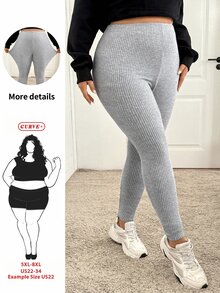 SHEIN CURVE+ سروال ضيق نسائي مقاس كبير بلون موحد كاجوال متعدد الاستخدامات للارتداء اليومي - رمادي - مشاهدة 8