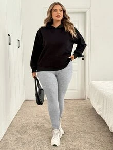 SHEIN CURVE+ سروال ضيق نسائي مقاس كبير بلون موحد كاجوال متعدد الاستخدامات للارتداء اليومي - رمادي - مشاهدة 6