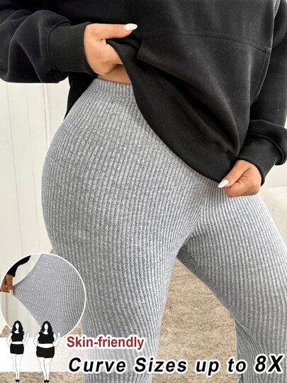 SHEIN CURVE+ سروال ضيق نسائي مقاس كبير بلون موحد كاجوال متعدد الاستخدامات للارتداء اليومي