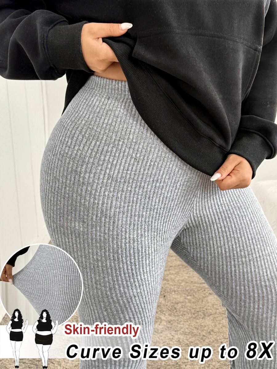 SHEIN CURVE+ سروال ضيق نسائي مقاس كبير بلون موحد كاجوال متعدد الاستخدامات للارتداء اليومي - رمادي - مشاهدة 1