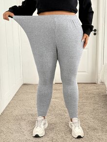 SHEIN CURVE+ سروال ضيق نسائي مقاس كبير بلون موحد كاجوال متعدد الاستخدامات للارتداء اليومي - رمادي - مشاهدة 9