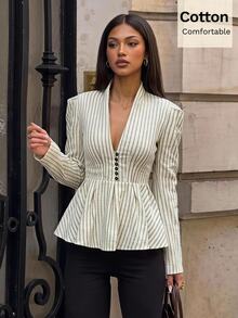 Siren Gaze Kemeja Katun Elegan Wanita Motif Garis Biru dan Putih Bertekstur Gaya Prancis dengan Kancing Depan dan Hem Berkerut, Cocok untuk Kantor, Makan Siang, Musim Gugur/Dingin - Aprikot - View 11