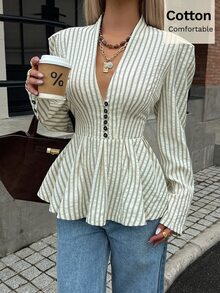 Siren Gaze Kemeja Katun Elegan Wanita Motif Garis Biru dan Putih Bertekstur Gaya Prancis dengan Kancing Depan dan Hem Berkerut, Cocok untuk Kantor, Makan Siang, Musim Gugur/Dingin - Aprikot - View 4