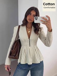 Siren Gaze Kemeja Katun Elegan Wanita Motif Garis Biru dan Putih Bertekstur Gaya Prancis dengan Kancing Depan dan Hem Berkerut, Cocok untuk Kantor, Makan Siang, Musim Gugur/Dingin - Aprikot - View 1