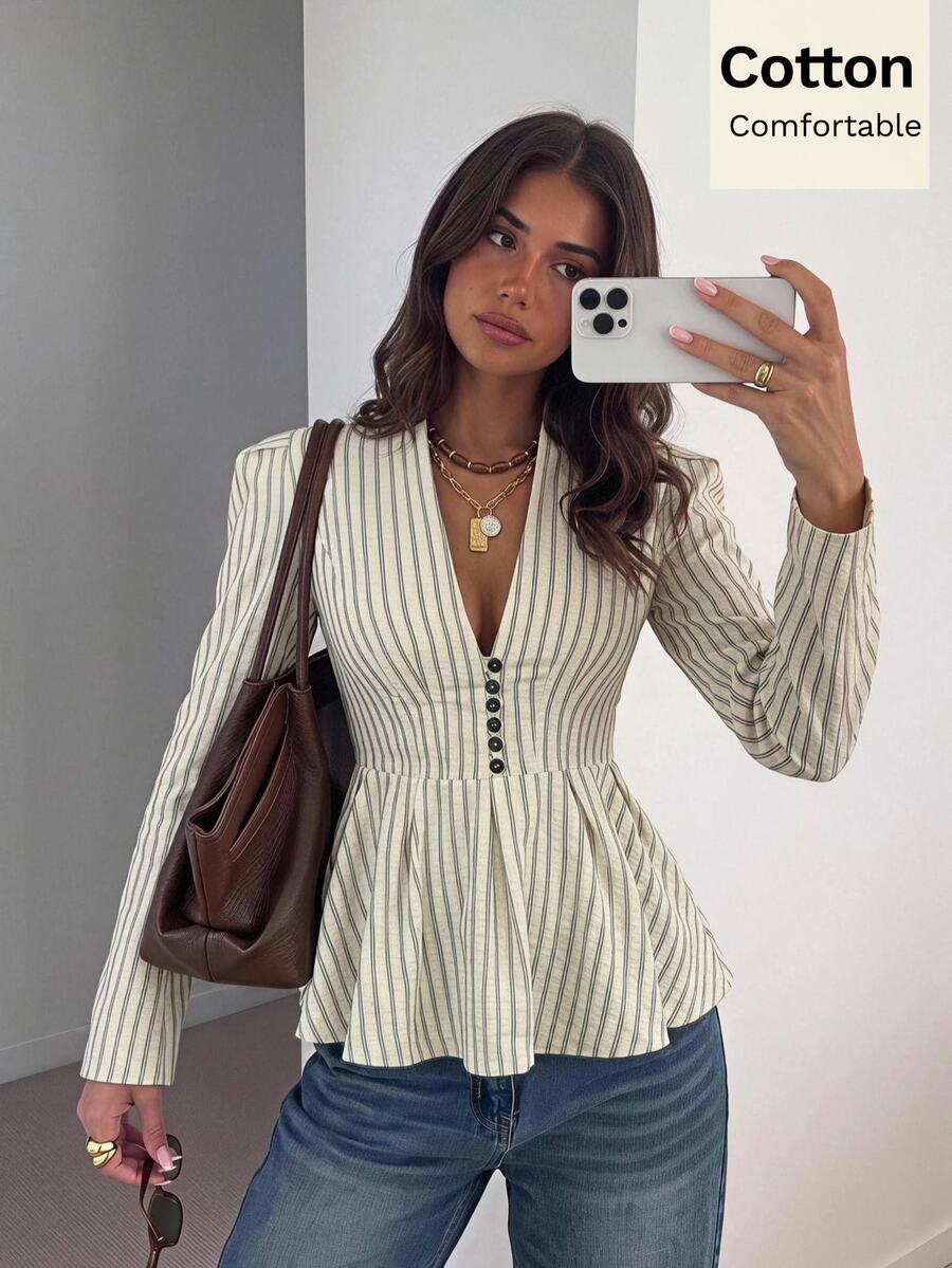 Siren Gaze Kemeja Katun Elegan Wanita Motif Garis Biru dan Putih Bertekstur Gaya Prancis dengan Kancing Depan dan Hem Berkerut, Cocok untuk Kantor, Makan Siang, Musim Gugur/Dingin - Aprikot - View 1