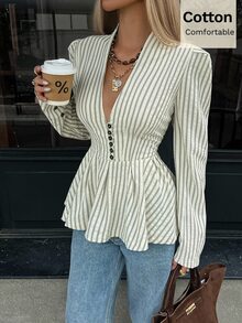 Siren Gaze Kemeja Katun Elegan Wanita Motif Garis Biru dan Putih Bertekstur Gaya Prancis dengan Kancing Depan dan Hem Berkerut, Cocok untuk Kantor, Makan Siang, Musim Gugur/Dingin - Aprikot - View 7