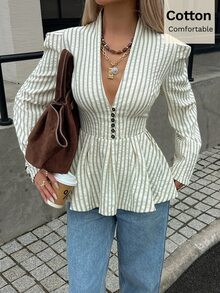 Siren Gaze Kemeja Katun Elegan Wanita Motif Garis Biru dan Putih Bertekstur Gaya Prancis dengan Kancing Depan dan Hem Berkerut, Cocok untuk Kantor, Makan Siang, Musim Gugur/Dingin - Aprikot - View 10