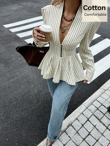 Siren Gaze Kemeja Katun Elegan Wanita Motif Garis Biru dan Putih Bertekstur Gaya Prancis dengan Kancing Depan dan Hem Berkerut, Cocok untuk Kantor, Makan Siang, Musim Gugur/Dingin - Aprikot - View 5