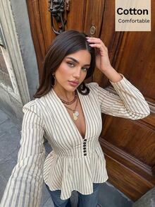 Siren Gaze Kemeja Katun Elegan Wanita Motif Garis Biru dan Putih Bertekstur Gaya Prancis dengan Kancing Depan dan Hem Berkerut, Cocok untuk Kantor, Makan Siang, Musim Gugur/Dingin - Aprikot - View 12