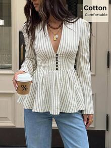 Siren Gaze Kemeja Katun Elegan Wanita Motif Garis Biru dan Putih Bertekstur Gaya Prancis dengan Kancing Depan dan Hem Berkerut, Cocok untuk Kantor, Makan Siang, Musim Gugur/Dingin - Aprikot - View 8