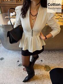 Siren Gaze Kemeja Katun Elegan Wanita Motif Garis Biru dan Putih Bertekstur Gaya Prancis dengan Kancing Depan dan Hem Berkerut, Cocok untuk Kantor, Makan Siang, Musim Gugur/Dingin - Aprikot - View 9