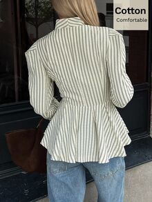 Siren Gaze Kemeja Katun Elegan Wanita Motif Garis Biru dan Putih Bertekstur Gaya Prancis dengan Kancing Depan dan Hem Berkerut, Cocok untuk Kantor, Makan Siang, Musim Gugur/Dingin - Aprikot - View 2