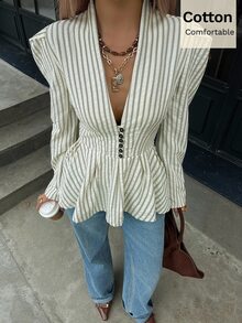 Siren Gaze Kemeja Katun Elegan Wanita Motif Garis Biru dan Putih Bertekstur Gaya Prancis dengan Kancing Depan dan Hem Berkerut, Cocok untuk Kantor, Makan Siang, Musim Gugur/Dingin - Aprikot - View 6