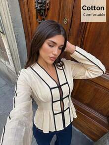 Women's Colorblock Trim Long Sleeve Cinched Waist Ruffle Hem V-Neck Blouse Office Everyday Tea Party Black And White Autumn Minimalist Elegant - Apricot - View 10