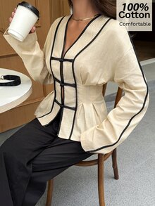 Women's Colorblock Trim Long Sleeve Cinched Waist Ruffle Hem V-Neck Blouse Office Everyday Tea Party Black And White Autumn Minimalist Elegant - Apricot - View 6