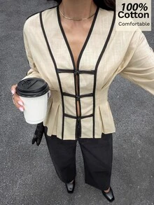 Women's Colorblock Trim Long Sleeve Cinched Waist Ruffle Hem V-Neck Blouse Office Everyday Tea Party Black And White Autumn Minimalist Elegant - Apricot - View 4