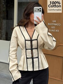 Women's Colorblock Trim Long Sleeve Cinched Waist Ruffle Hem V-Neck Blouse Office Everyday Tea Party Black And White Autumn Minimalist Elegant - Apricot - View 7