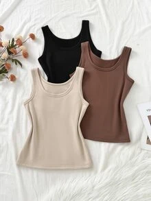 SHEIN Unity 女款 3 件組抓絨內裡背心上衣 米白色 深棕色 黑色 吊帶衫 保暖冬季層搭 - 彩色 - 查看 6