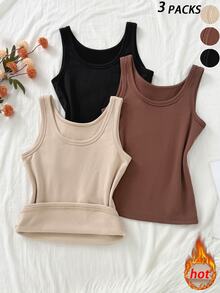 SHEIN Unity 女款 3 件組抓絨內裡背心上衣 米白色 深棕色 黑色 吊帶衫 保暖冬季層搭 - 彩色 - 查看 1