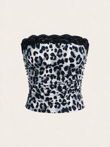 SHEIN EZwear 女款豹紋蕾絲拼接休閒百搭抹胸上衣 - 灰色 - 查看 1
