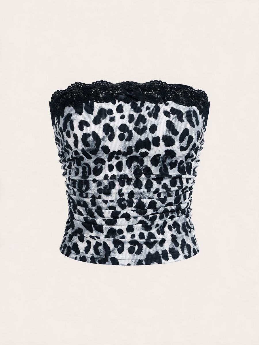 SHEIN EZwear 女款豹紋蕾絲拼接休閒百搭抹胸上衣 - 灰色 - 查看 1