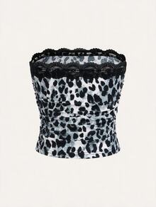 SHEIN EZwear 女款豹紋蕾絲拼接休閒百搭抹胸上衣 - 灰色 - 查看 2