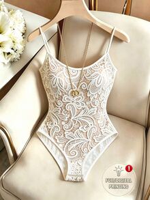 SHEIN Franclia 【印花設計】印花細肩帶內搭連身內衣，舒適修身日常穿著，2026夏季新款女式休閒底層，無袖白色蕾絲內搭連身衣 - 杏色 - 查看 1