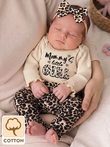 SHEIN Kids Kids Kids Newborn Letter Print Top Kids & Leopard Print Pants Loungewear Set - Beige - View 3